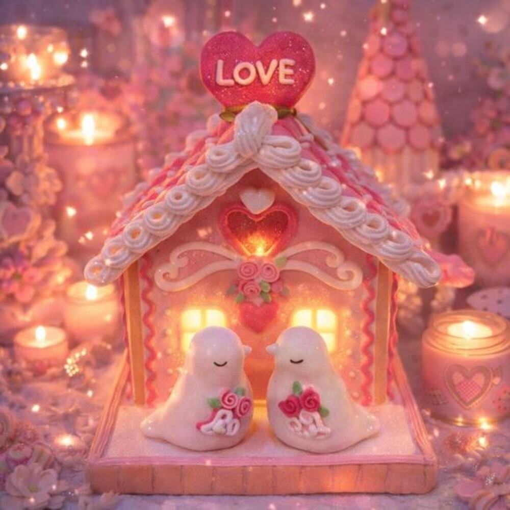 Cupcakes & Cashmere LED Pink Gingerbread House Love Birds Cottagecore